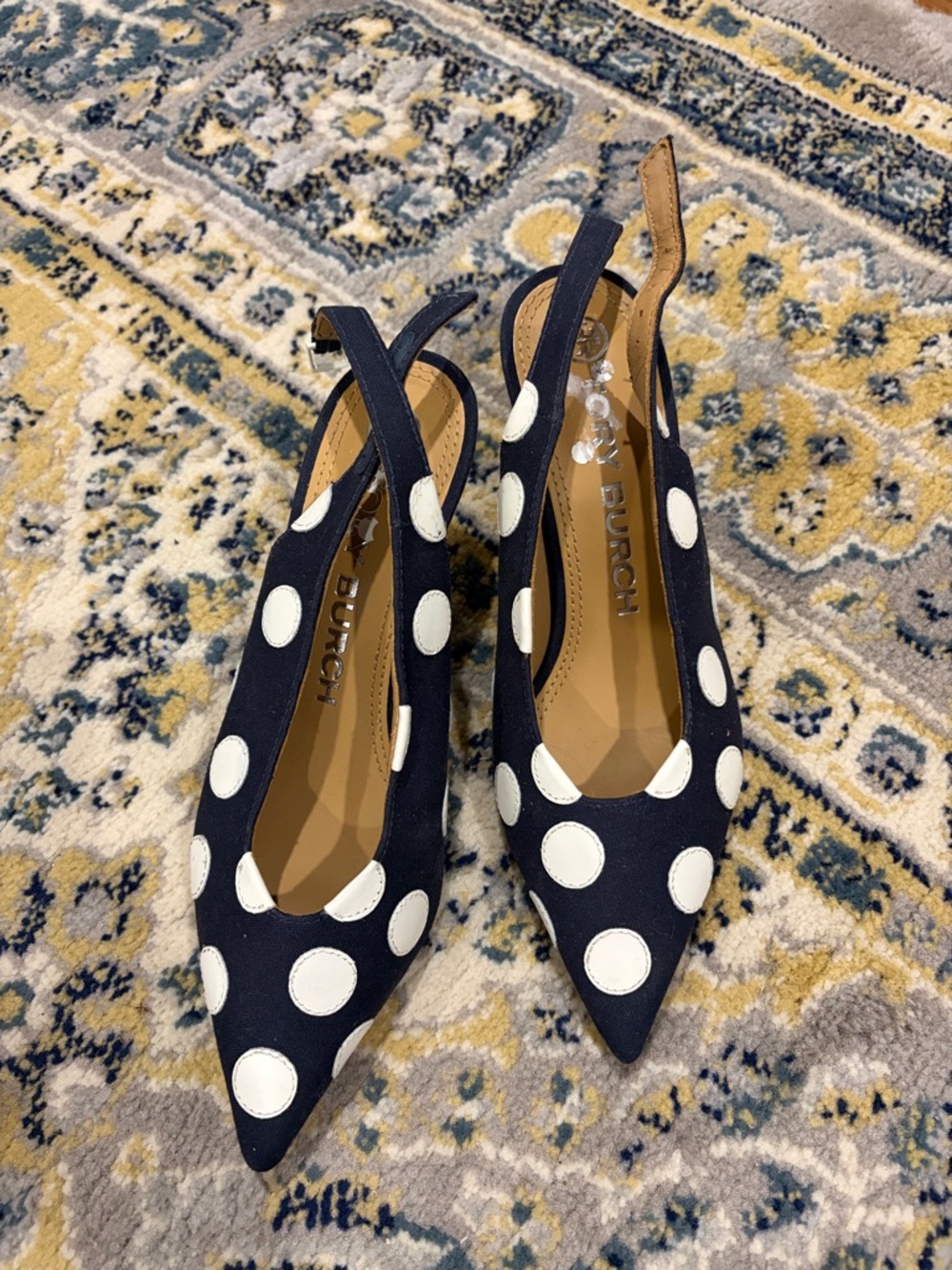 Tory Burch Navy and White Polka Dot Pointed Slingback Heels